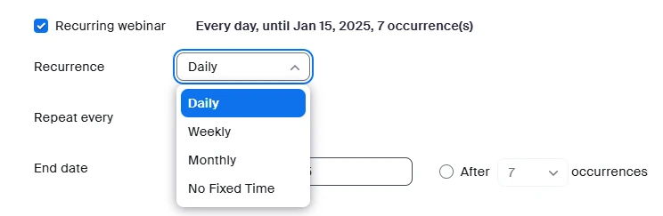 Recurring webinar: Chọn hộp kiểm&nbsp;nếu bạn muốn biến đây thành&nbsp;hội thảo trực tuyến định kỳ, nghĩa là ID cuộc họp sẽ vẫn giữ nguyên cho mỗi phiên. Điều này sẽ mở ra các tùy chọn định kỳ bổ sung:
