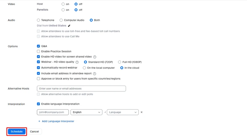 Bước 5:  Nhấp chọn Schedule