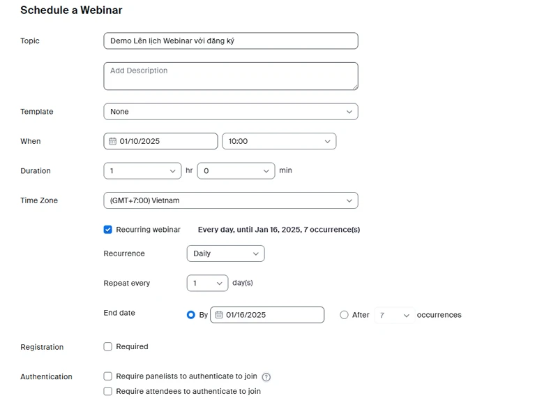Bước 3: Chọn cài đặt Webinar mong muốn.