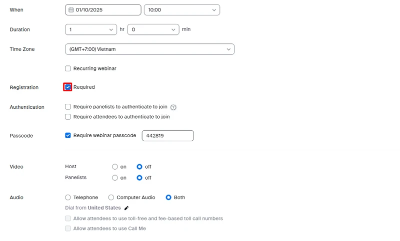 Bước 4: Trong phần Registration, hãy chọn hộp kiểm Required để yêu cầu đăng ký.