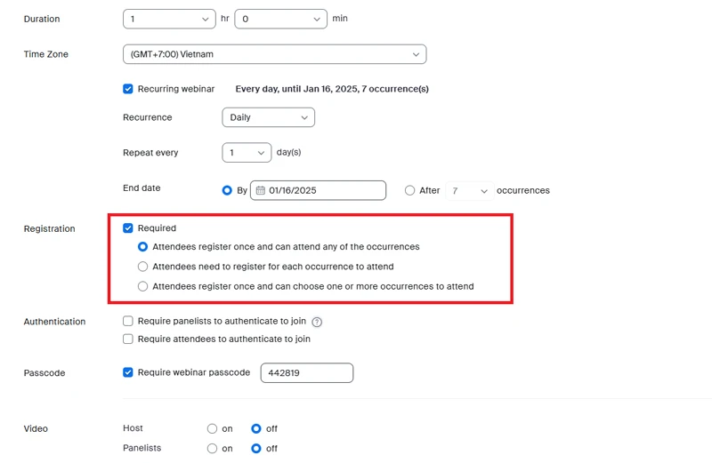 Nếu yêu cầu đăng ký và hội thảo trên web là sự kiện định kỳ , các tùy chọn bên dưới sẽ xuất hiện; hãy chỉ định một trong các tùy chọn sau: