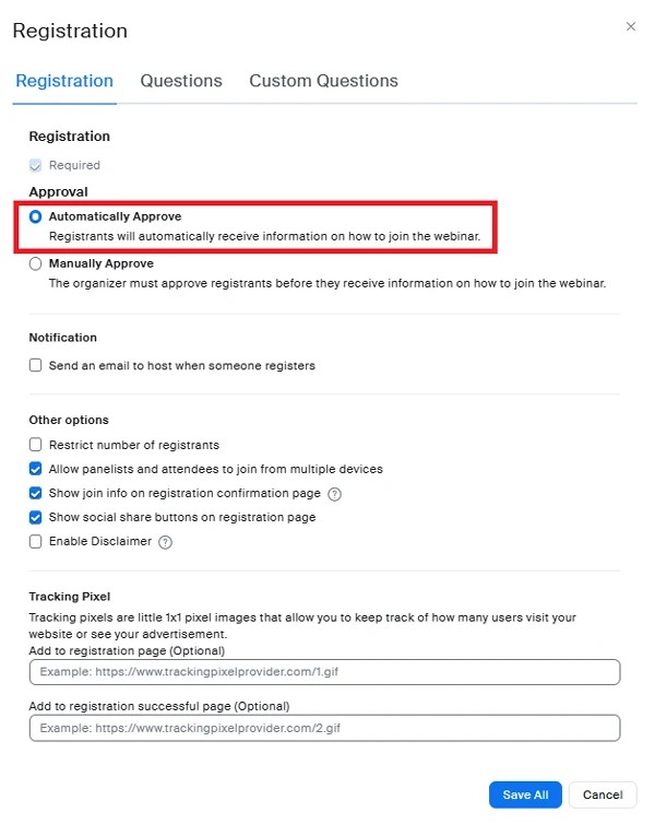Bước 3: Trong Tab Registration, bên dưới muc Approval, chọn Automatically Approve.