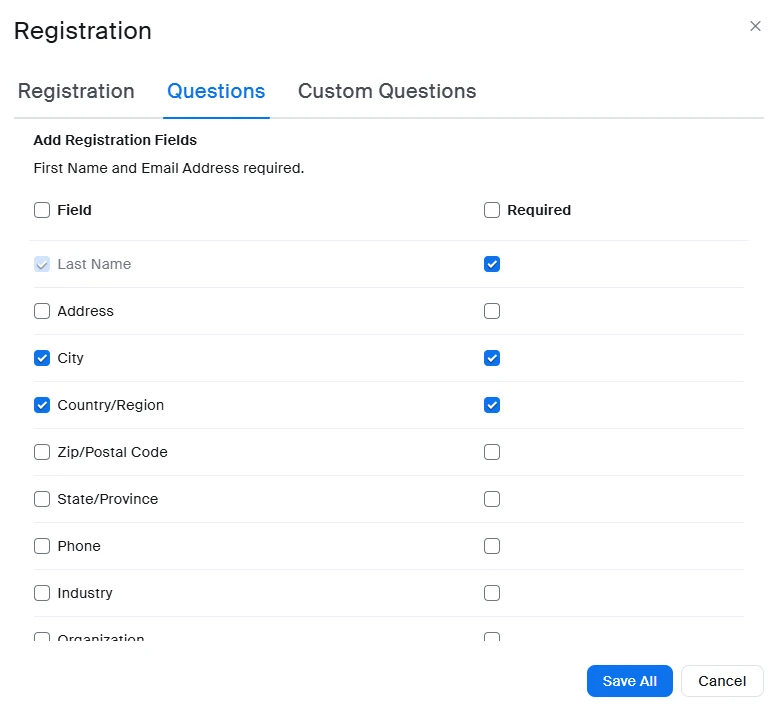 Bước 3: Trong Tab Questions, bên dưới Add Registration Fields, hãy chọn những trường mà bạn muốn thêm vào Form đăng ký.