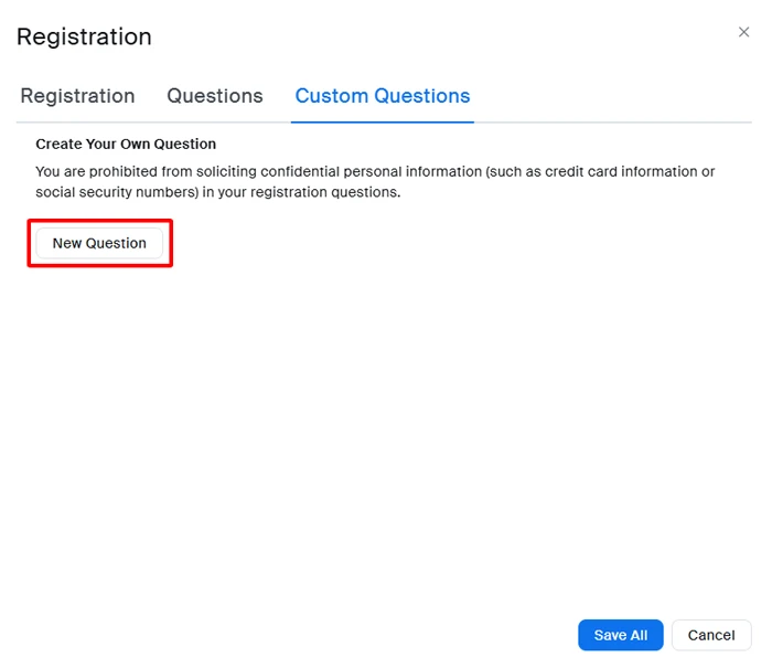 Ở Tab Custom Questions, nhấn vào New Question để đặt câu hỏi mà mình muốn.