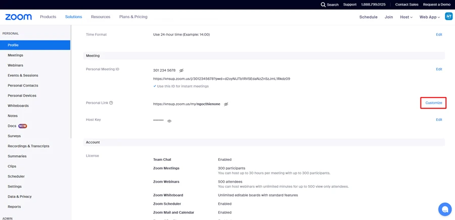 Bước 3: Tìm mục Meeting, bên phải Personal Link, nhấn Customize