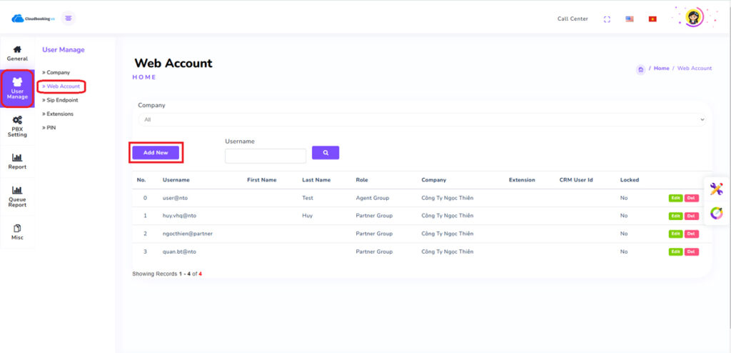 Tại Tab User Management chọn Web Account vào bấm Add New.