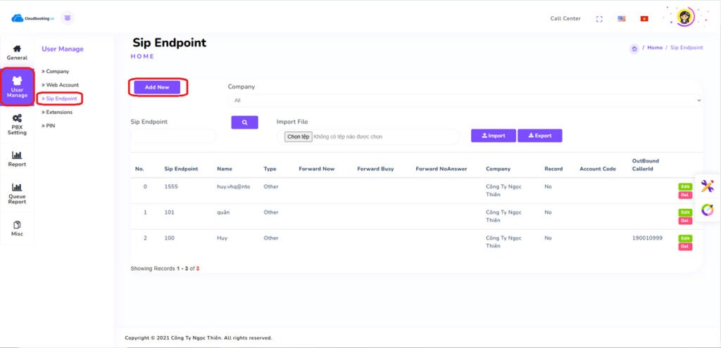 Ở Tab User Management chọn Sip Endpoint sau đó bấm Add New.