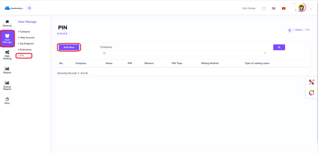 Click vào User Management –> PIN –› Chọn Add New