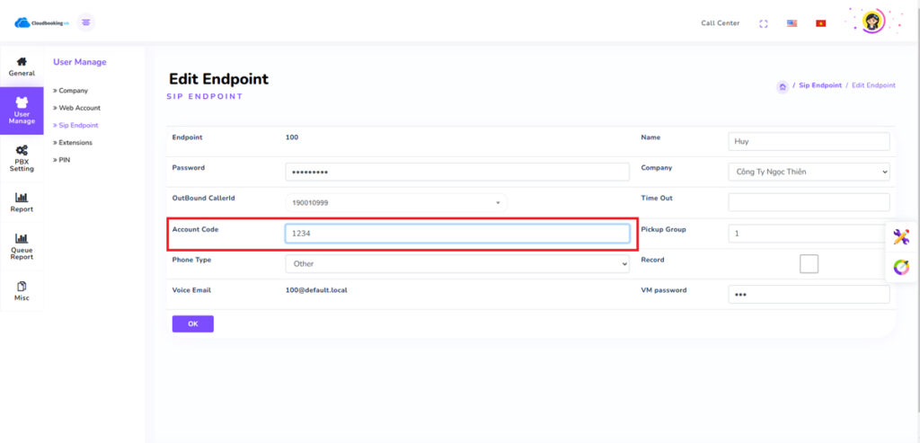 Nhập mã PIN đã tạo vào phần Account Code của Sip Endpoint –› Bấm OK