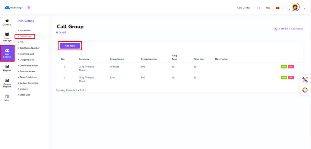 Tại Tab PBX Settings chọn Call Group.