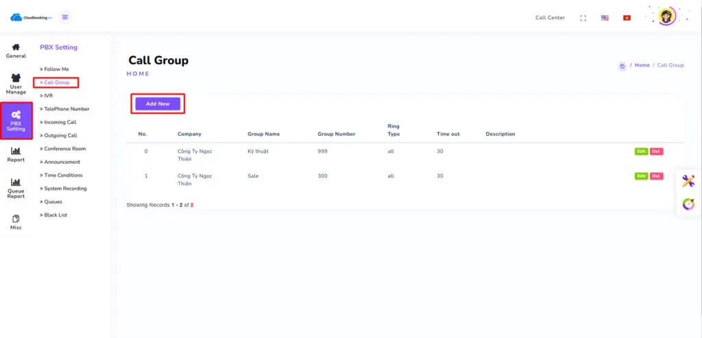Tại Tab PBX Settings chọn Call Group.