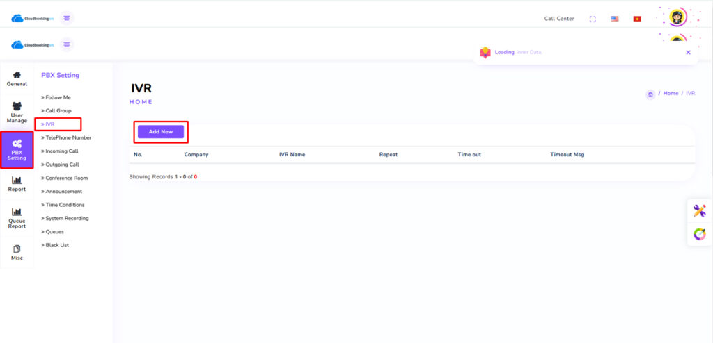 Tại Tab “PBX Settings” chọn “IVR“.