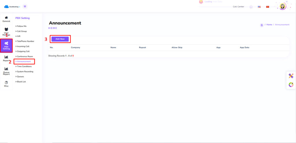 Ở Tab PBX Settings chọn Aunouncement bấm Add New.