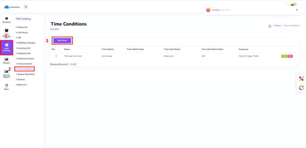 Ở Tab PBX Settings chọn Time Conditions.