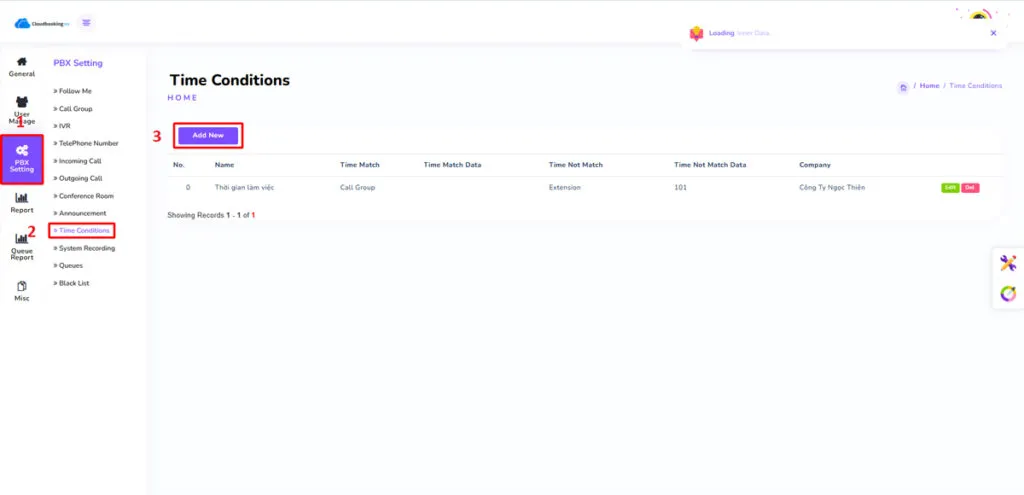 Ở Tab PBX Settings chọn Time Conditions.
