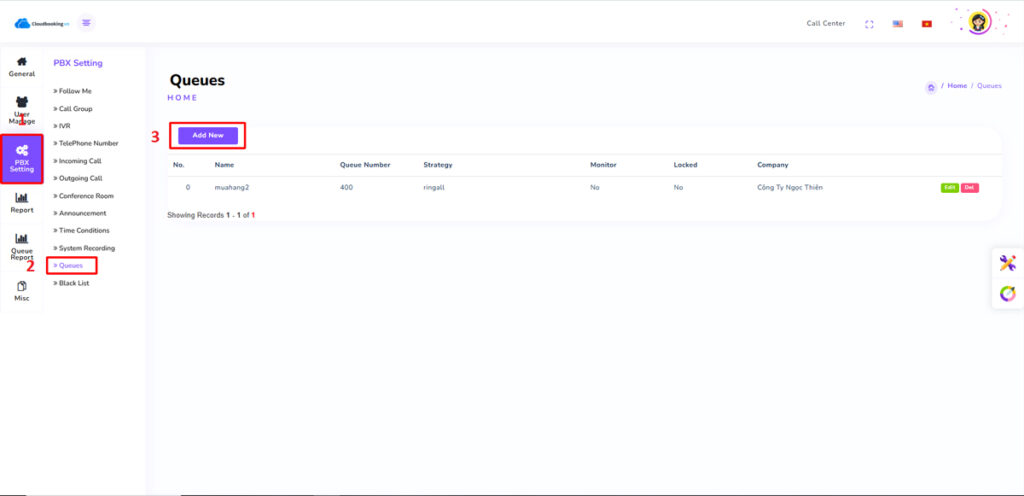 Ở Tab PBX Settings chọn Queues.