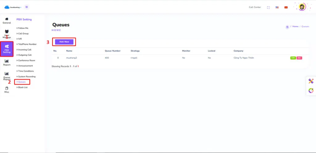 Ở Tab PBX Settings chọn Queues.
