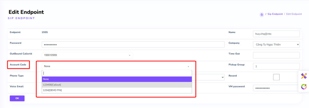 Nhập mã PIN đã tạo vào phần Account Code của Sip Endpoint chọn OK để hoàn tất.