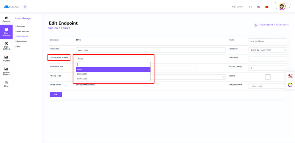 Tại phần OutBound CallerId chọn số muốn gọi ra cho Extension đó. Rồi bấm OK.