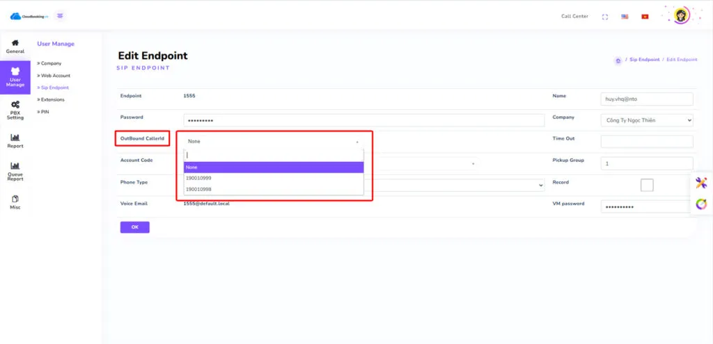 Tại phần OutBound CallerId chọn số muốn gọi ra cho Extension đó. Rồi bấm OK.