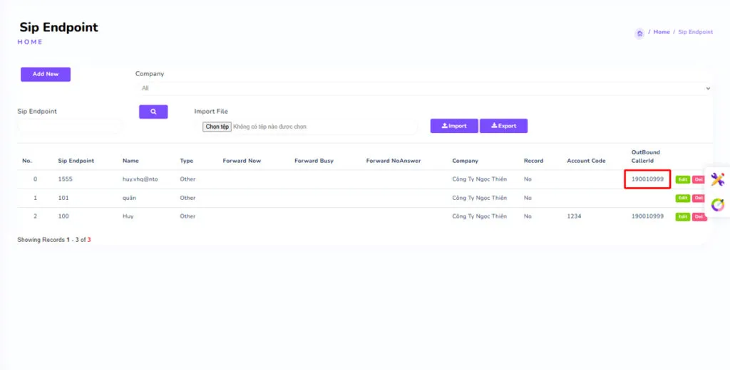 Sau khi thay đổi, số gọi ra của Extension sẽ hiển thị ngoài phần Sip Endpoint.
