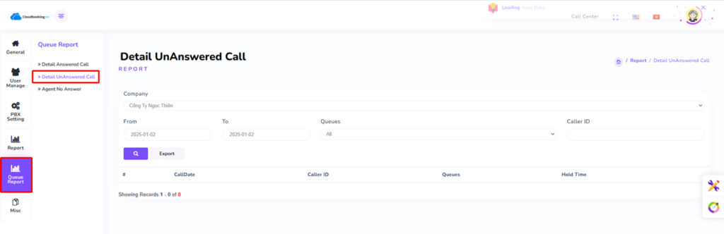 Thống kê cuộc gọi không trả lời của Call Center (Queue)