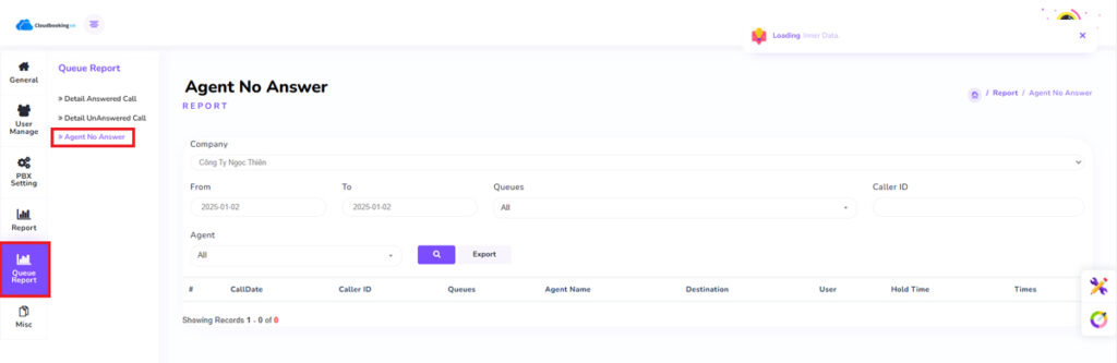 Thống kê agent không trả lời trong Call Center (Queue)
