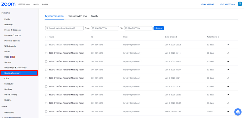 Trong menu điều hướng, nhấp vào Meeting Summary.