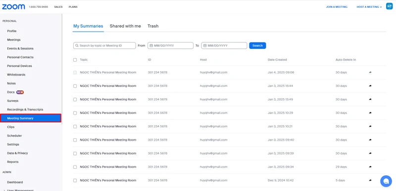 Trong menu điều hướng, nhấp vào&nbsp;Meeting Summary.