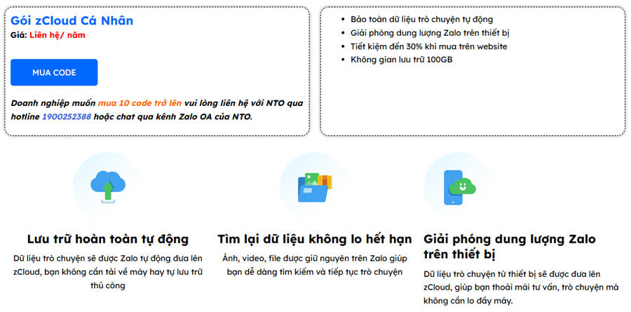 Mua gói zCloud Zalo 100GB giá rẻ chính hãng tại NTO