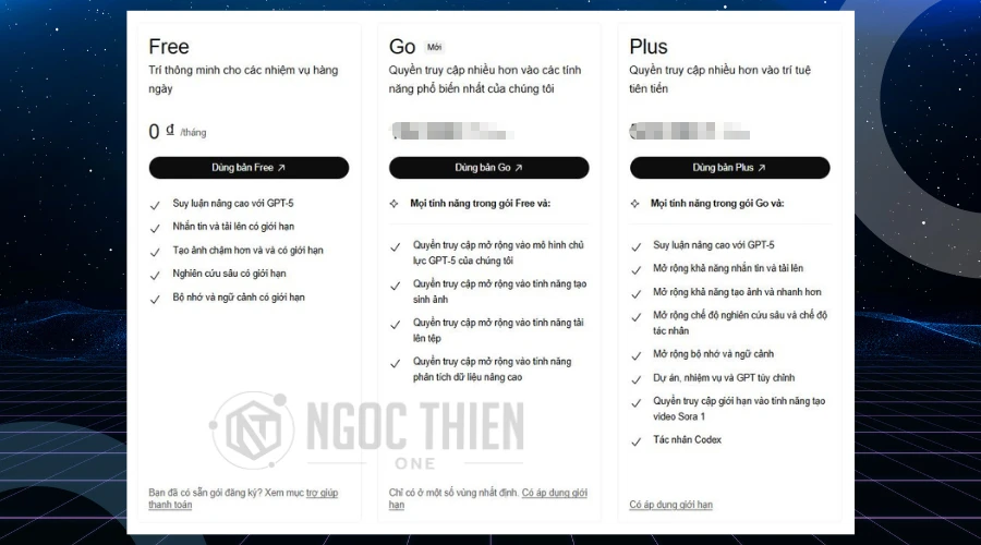 Bảng so sánh 3 gói" ChatGPT Free vs Go vs Plus