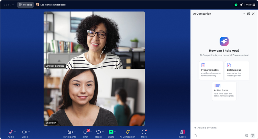 Ask AI Companion có thể thu thập, tổng hợp và chia sẻ thông tin trên Zoom Workplace, giúp bạn chuẩn bị cho các cuộc họp và thực hiện nhiều công việc khác.