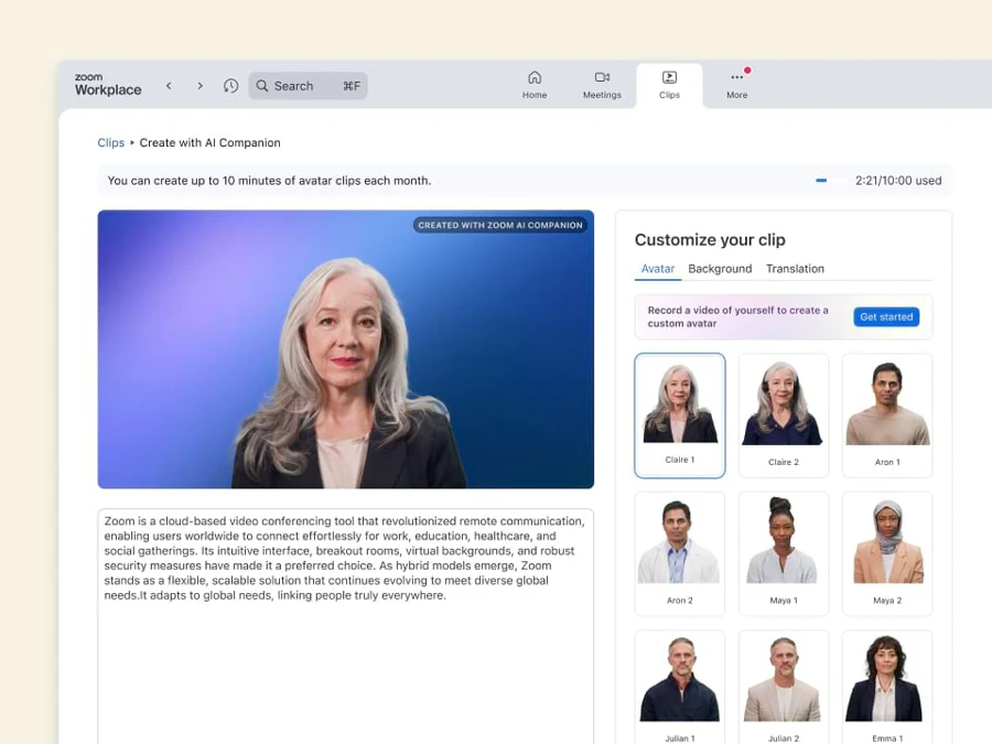 Ảnh đại diện Zoom Clips với AI Companion