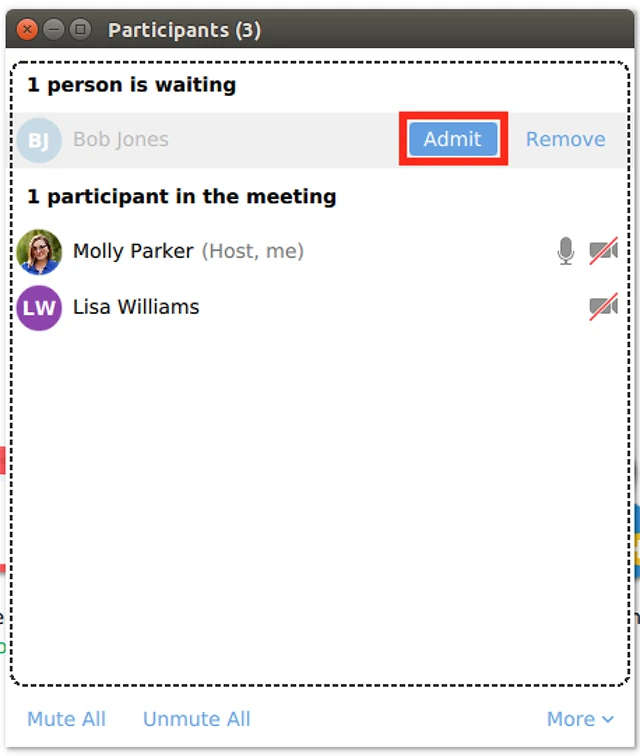 Nhấn vào Admit [Tiếp nhận] để đưa người tham gia vào cuộc họp.