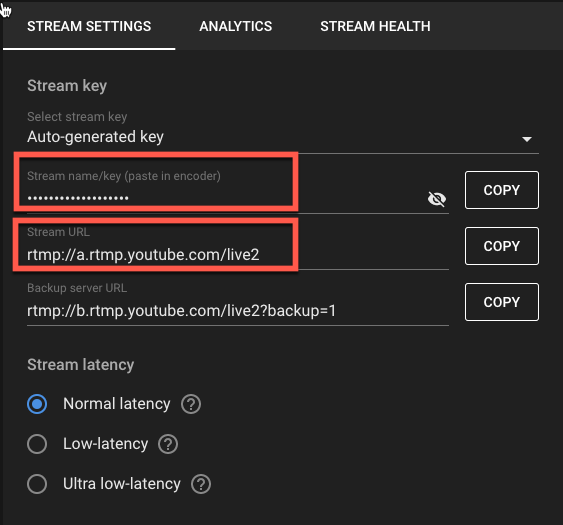 Sao chép và dán Server URL [URL máy chủ] và Stream Key [Khóa phát trực tuyến] từ phần Stream Settings [Cài đặt phát trực tuyến] vào Stream URL [URL phát trực tuyến] và Stream Key [Khóa phát trực tuyến] trên Zoom.