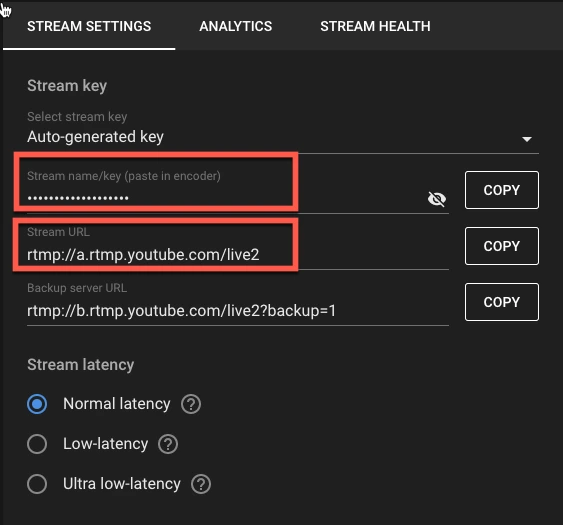 Sao chép và dán Server URL [URL máy chủ] và Stream Key [Khóa phát trực tuyến] từ phần Stream Settings [Cài đặt phát trực tuyến] vào Stream URL [URL phát trực tuyến] và Stream Key [Khóa phát trực tuyến] trên Zoom.