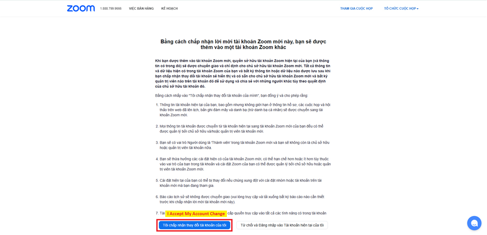 Bước 3: Chọn Tôi chấp nhận thay đổi tài khoản của tôi “I Accept My Account Change”