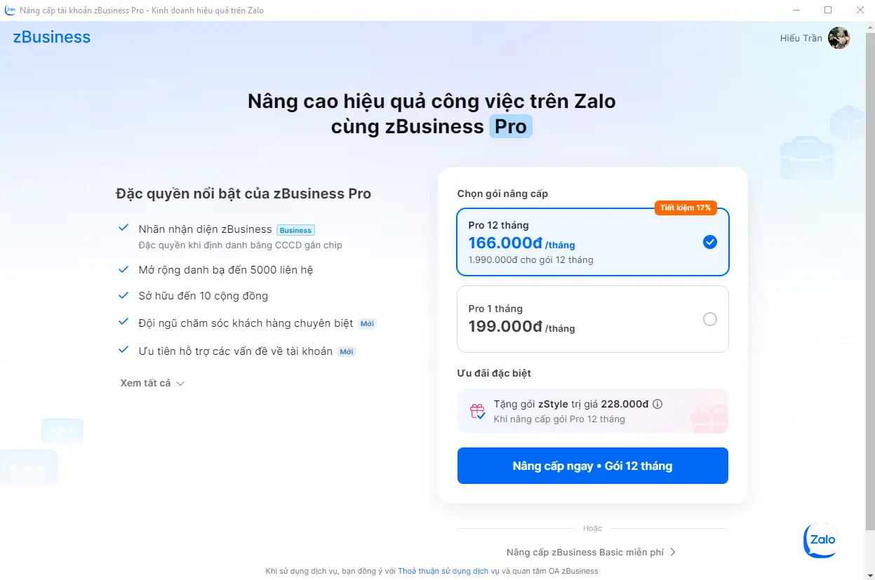 Tại giao diện hiển thị bên dưới, chọn gói nâng cấp phù hợp và nhấp vào Nâng cấp ngay.