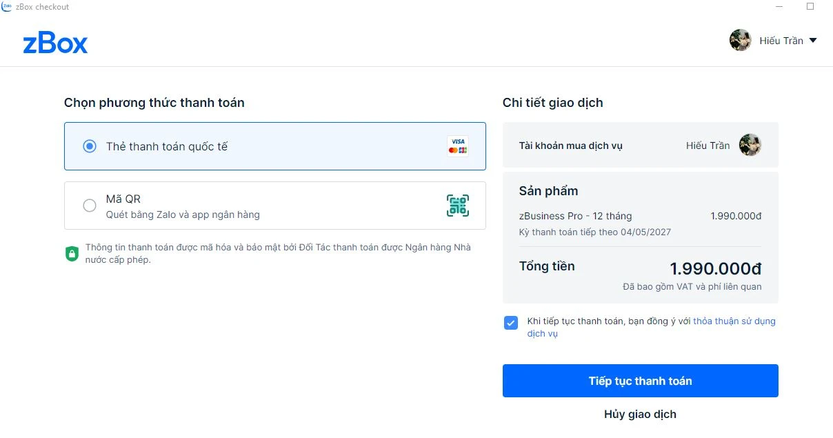 Tiếp theo chọn phương thức thanh toán và nhấp vào Tiếp tục thanh toán