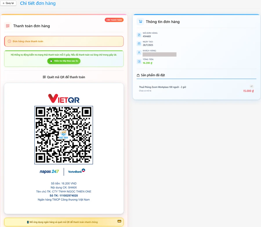 Kiểm tra thông tin đơn hàng. Quét mã QR để thanh toán.