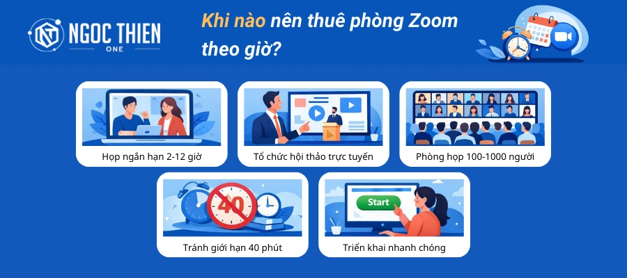 Thuê phòng Zoom theo giờ là giải pháp phù hợp trong nhiều tình huống ngắn hạn, khi bạn không cần sử dụng thường xuyên hoặc muốn tối ưu chi phí