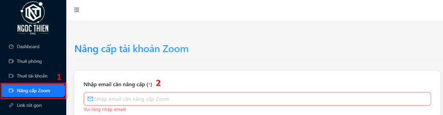 Nhấp vào tab Nâng cấp Zoom -> Nhập email cần nâng cấp
