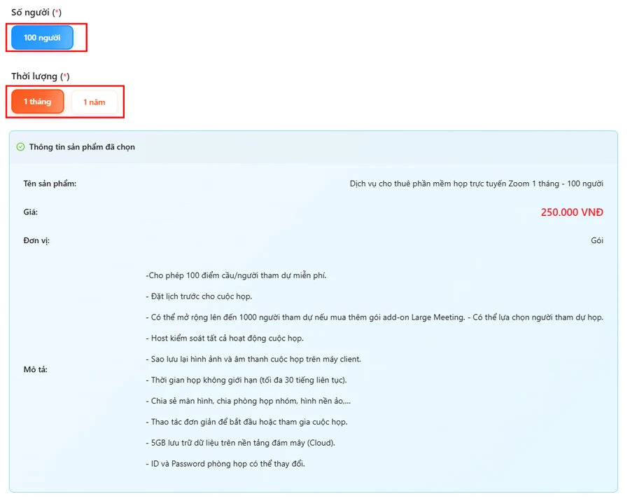 Chọn 100 người -> Lựa chọn thời hạn phù hợp với nhu cầu sử dụng của bạn