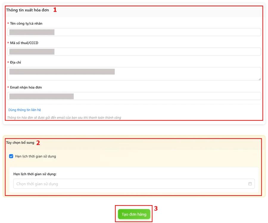 Nhập Thông tin xuất hóa đơn -> Có thể hẹn lịch thời gian nâng cấp với tính năng Tùy chọn bổ sung -> Cuối cùng Tạo đơn hàng