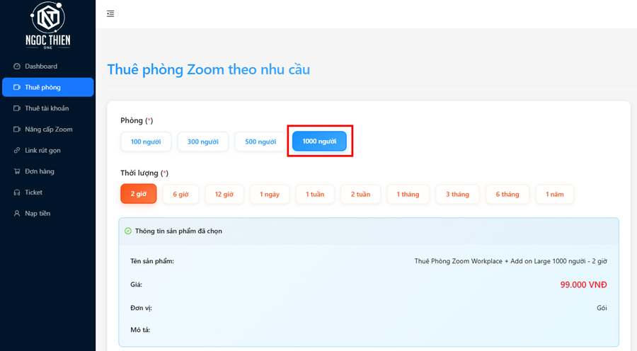 Chọn loại phòng: Zoom 1000 người