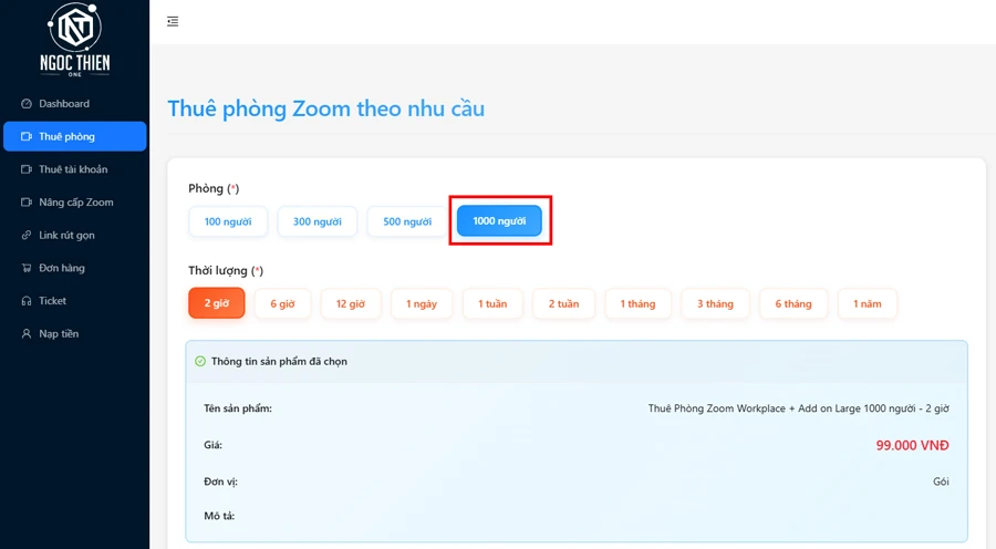Chọn loại phòng: Zoom 1000 người