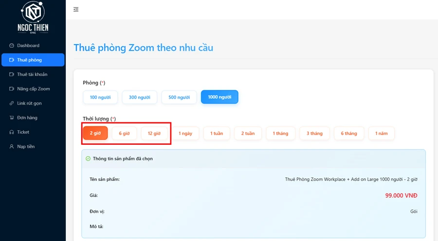 Lựa chọn thời lượng thuê theo giờ (2 giờ, 6 giờ, 12 giờ)
