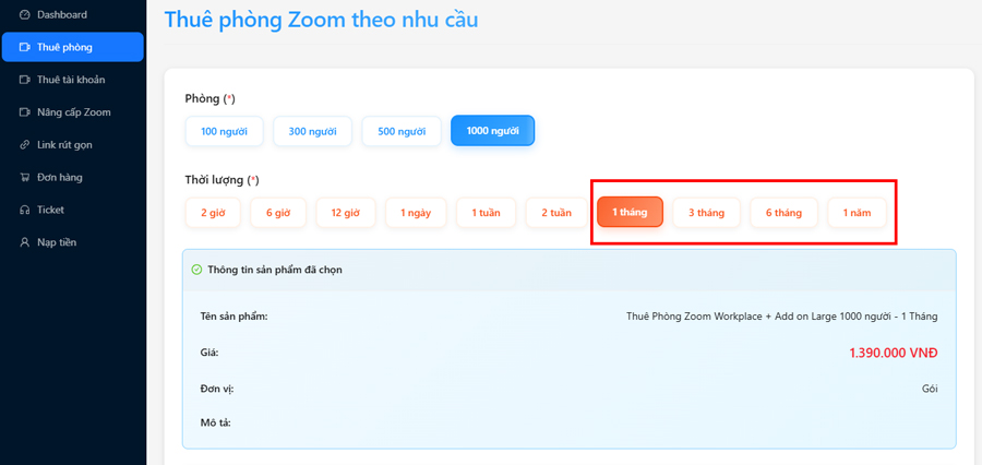 Lựa chọn thời lượng thuê theo tháng (1 tháng, 3 tháng, 6 tháng, 12 tháng)