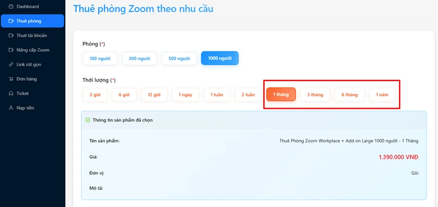 Lựa chọn thời lượng thuê theo tháng (1 tháng, 3 tháng, 6 tháng, 12 tháng)