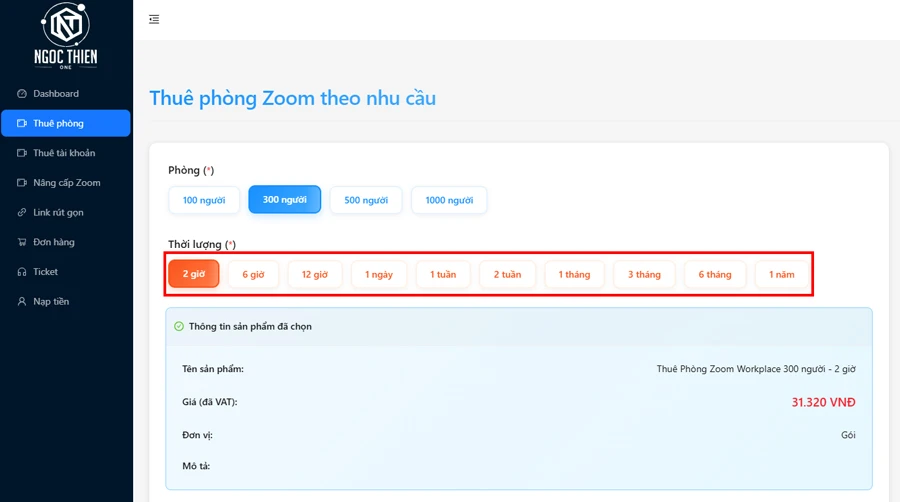Tùy chọn thời lượng thuê tùy theo nhu cầu sử dụng (2 giờ, 6 giờ, 12 giờ, 1 ngày, 1 tuần, 2 tuần, 1 tháng, 3 tháng, 6 tháng và 1 năm)
